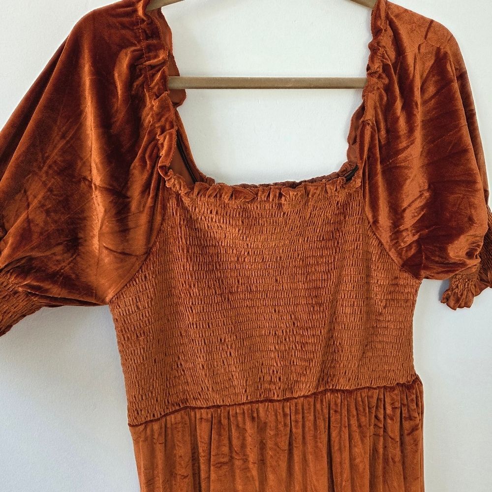 Burnt Orange Copper Velvet Maxi Dress Tiered Smocked Holiday Party Christmas M - Picture 12 of 12